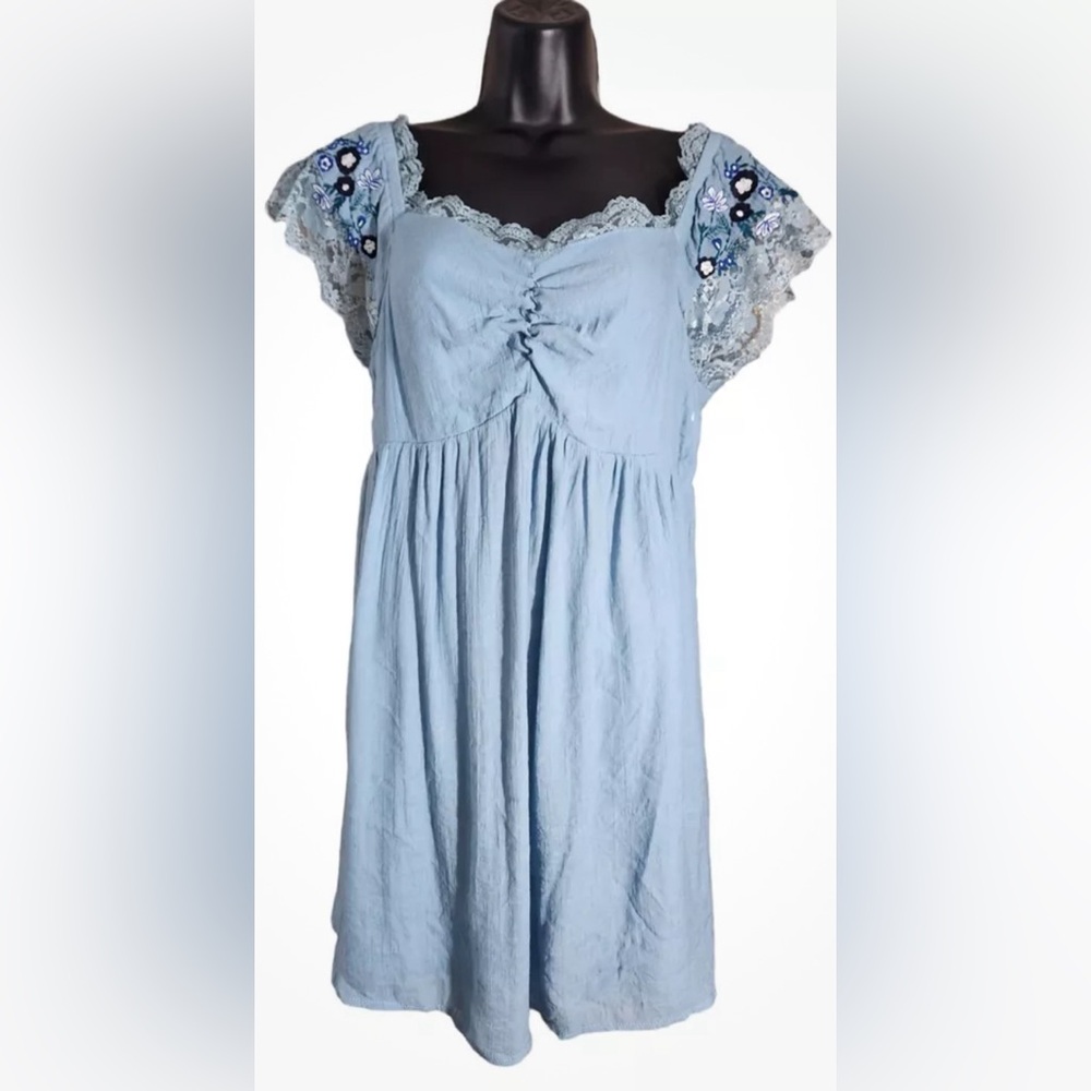 FSL BNWT Apparel Blue Lace Embroidered Cap Sleeve Boho Dress Flowers Sz M